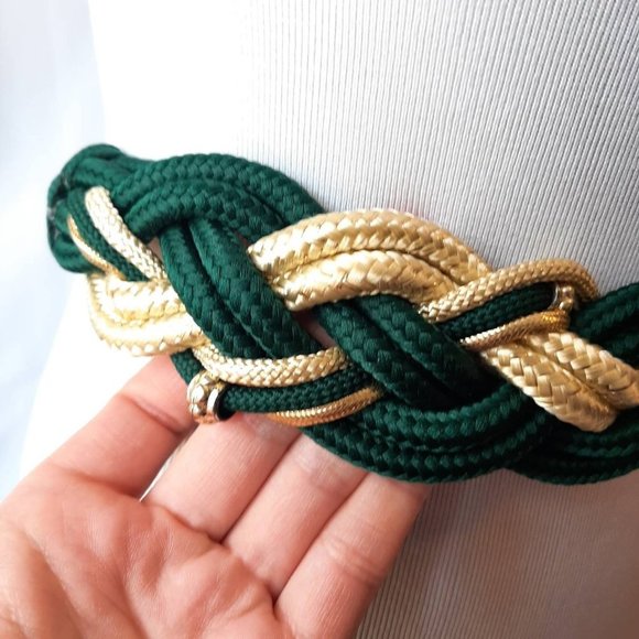 Vtg 80s Green & Gold Braided Rope Belt with Fish Hook Buckle, Fits 28" Waist - Picture 2 of 8